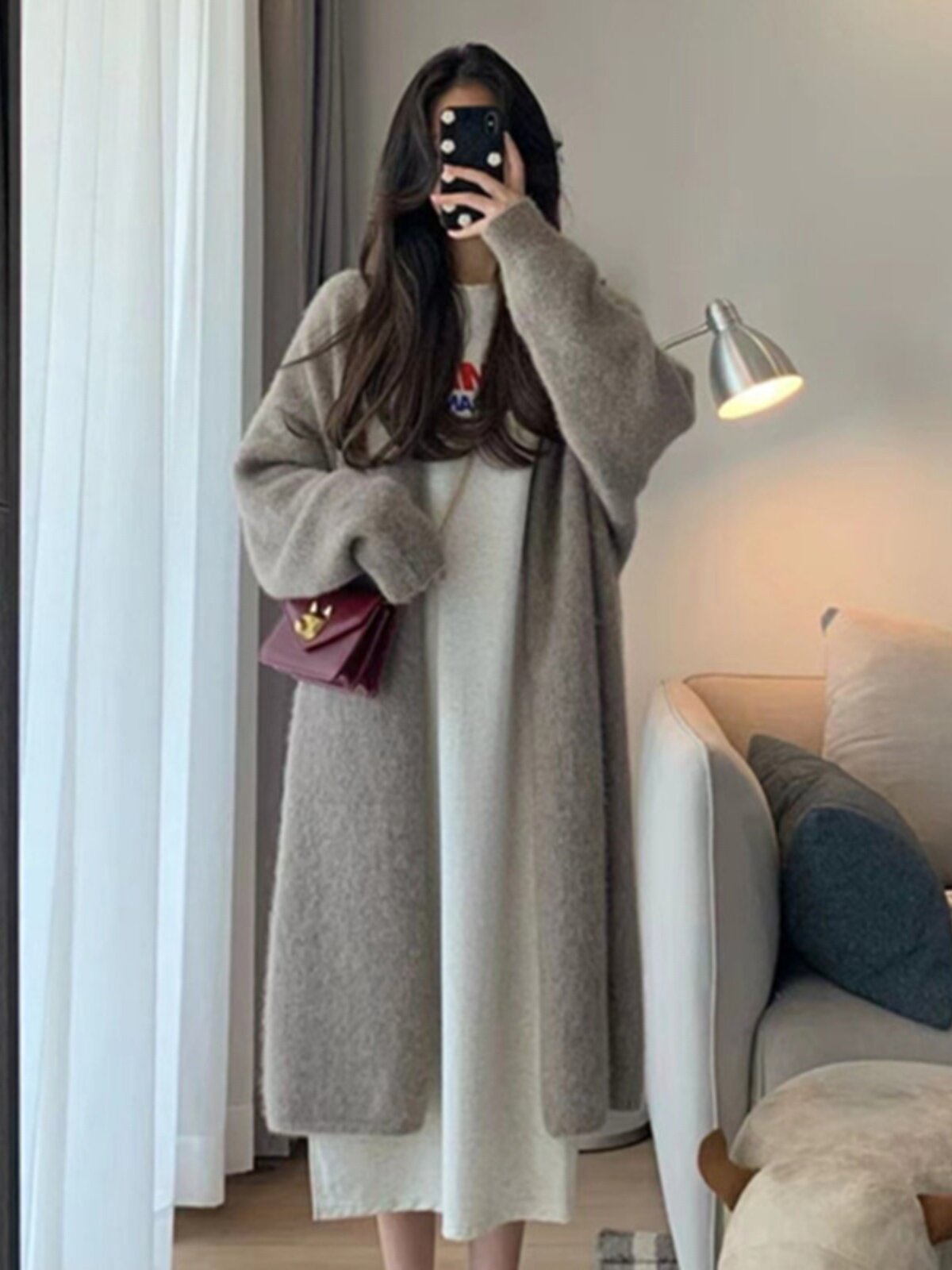 출산복 봄 가을 2023 신작 가을 양복 스웨터 가디건 중간 길이 스웨터 플러시 코트 가을 겨울