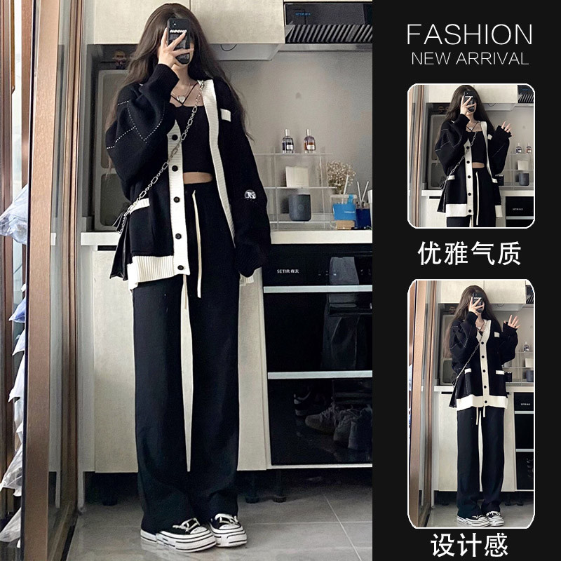 임부복 봄수트 봄 가을 니트 스웨터 가디건 여성용 스웨터 + 와이드 팬츠 투피스 세트 가을 겨울 자켓