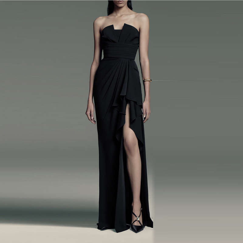 时尚抹胸晚礼服高端大气开叉长裙2025新款高级质感年会晚宴黑长裙