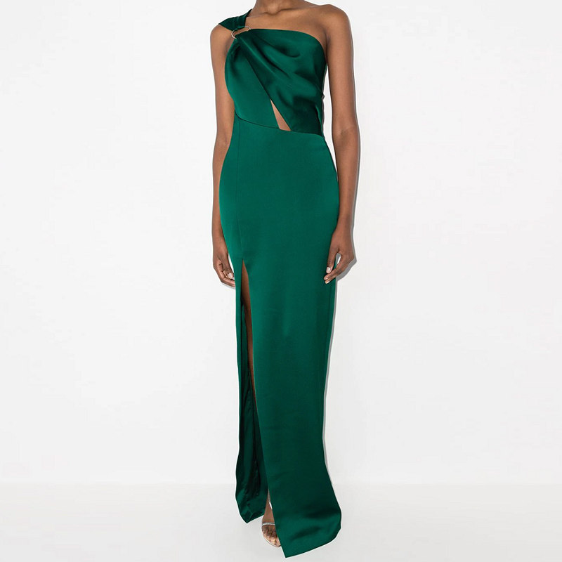墨绿色晚礼服单肩长裙2025新款名媛派对酒会晚宴年会连衣裙个性女