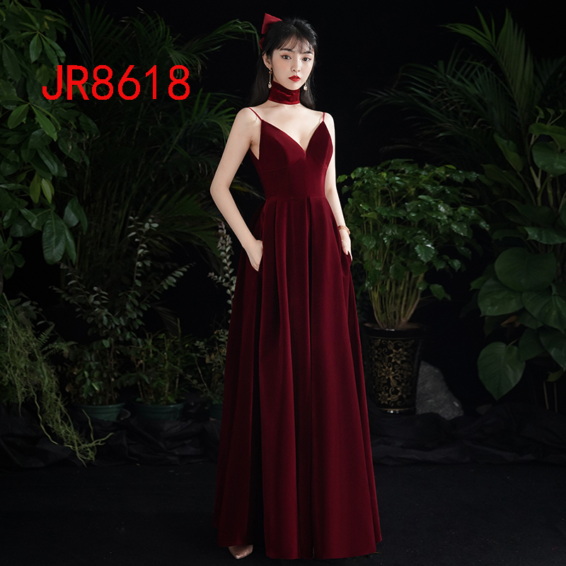 酒红丝绒吊带晚礼服长裙高级质感新娘敬酒服性感低胸年会女妈妈装