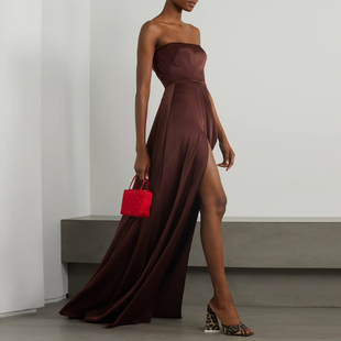 咖啡色晚礼服优雅大气2025新款长款主持人走秀年会个性宴会连衣裙