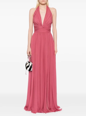 豆纱红色晚礼服长裙露背挂脖高级感2025新款年会晚宴派对连衣裙女