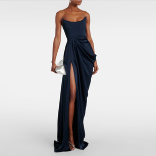 藏青色晚礼服高级质感醋酸缎长裙2025新款气质优雅年会晚宴连衣裙