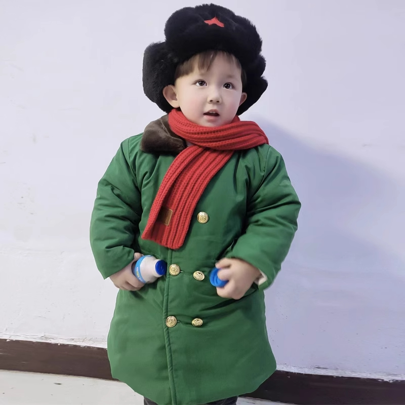 儿童绿色军大衣加绒加厚中长款外套冬装加棉加厚保暖宝宝冬季棉衣