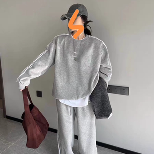 套装 2025冬季 运动休闲宽松加绒阔腿裤 复古三条杠加绒卫衣 女 新款