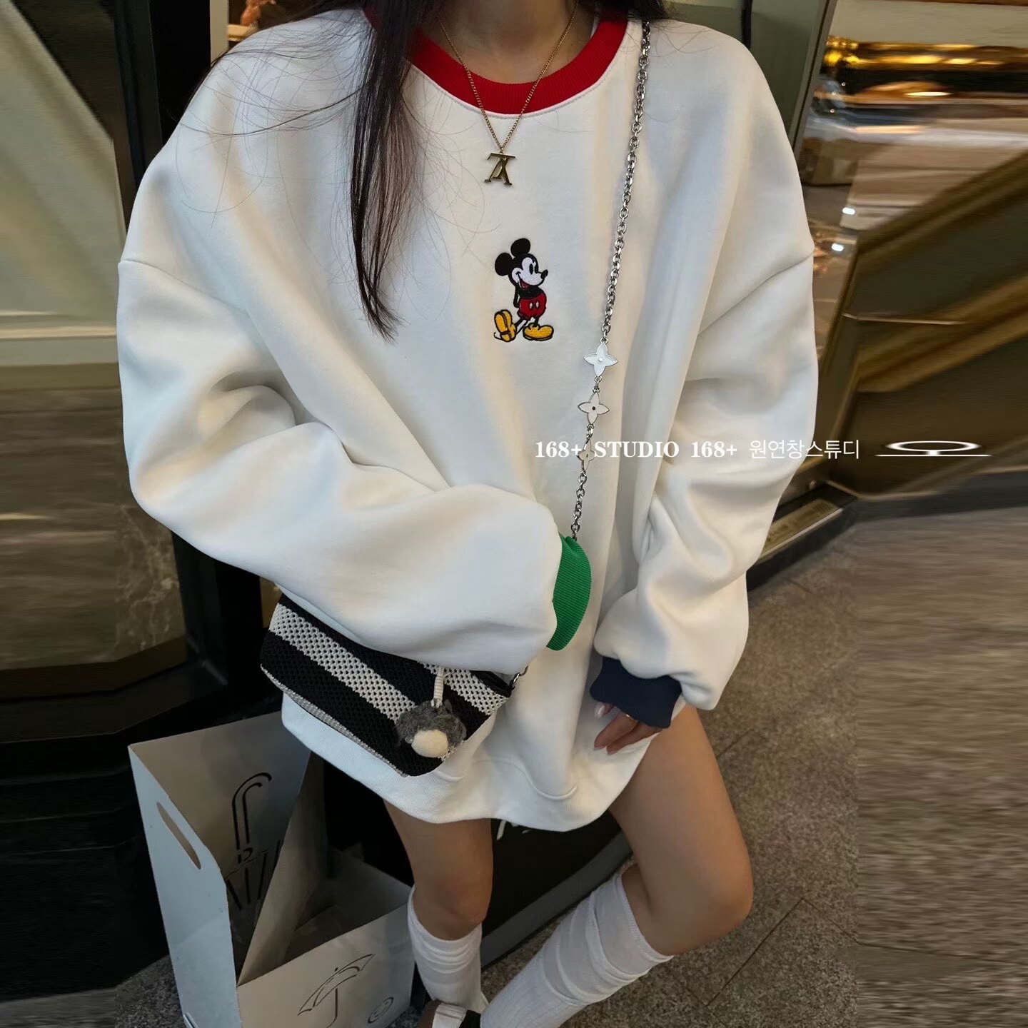 福利款！2025秋冬新款拼接撞色卡通米奇套头加绒卫衣女洋气