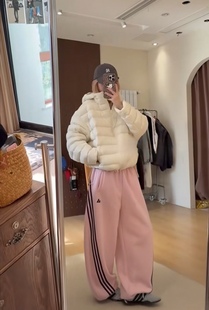 2025秋冬新款美式复古三条杠加绒卫裤女宽松休闲百搭运动裤