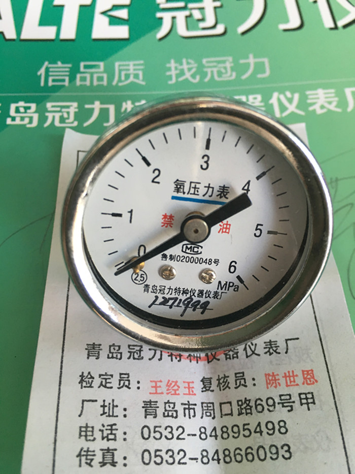 青岛冠力特种仪器仪表厂YO40Z轴向氧气压力表6MPA煤质分析仪用表