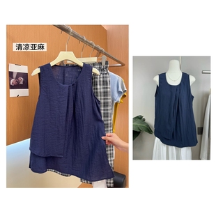 襯衣女韓系不規則壓褶設計背心圓領小衫 Q10亞麻無袖 十三行女裝
