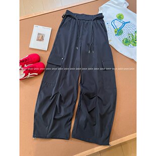 J7美式抽绳工装裤女高腰宽松阔腿休闲长裤多口袋束脚登山运动裤