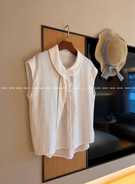 H25~法式POLO领飘带设计感小众白色衬衫女气质显瘦短袖别致上衣