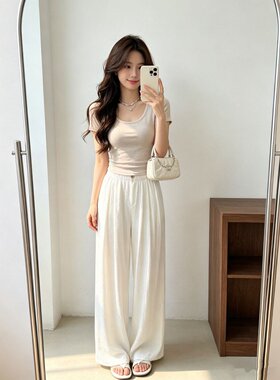 【亚麻】F19老钱风高腰阔腿裤女夏季薄款宽松休闲垂感直筒裤长裤