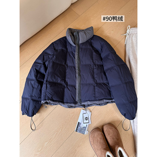 白鸭绒面包服宽松保暖外套 A11撞色立领方格羽绒服女冬季 原单