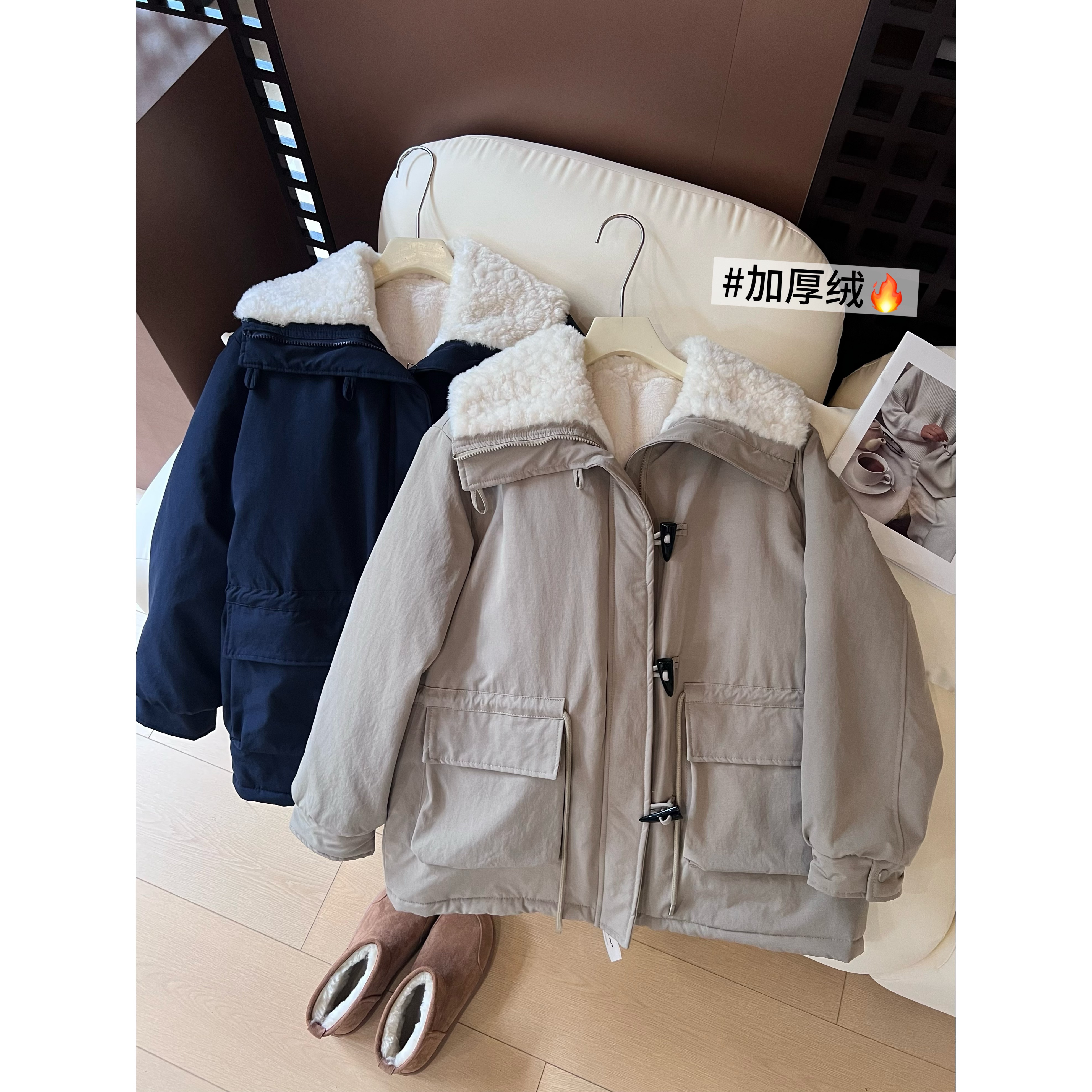 【厚绒】J55翻领牛角扣派克服女冬季环保毛棉服保暖宽松工装外套