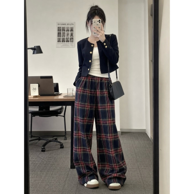 加绒！格子休闲裤女美式宽松J23 高腰加厚保暖格纹垂感直筒阔腿裤