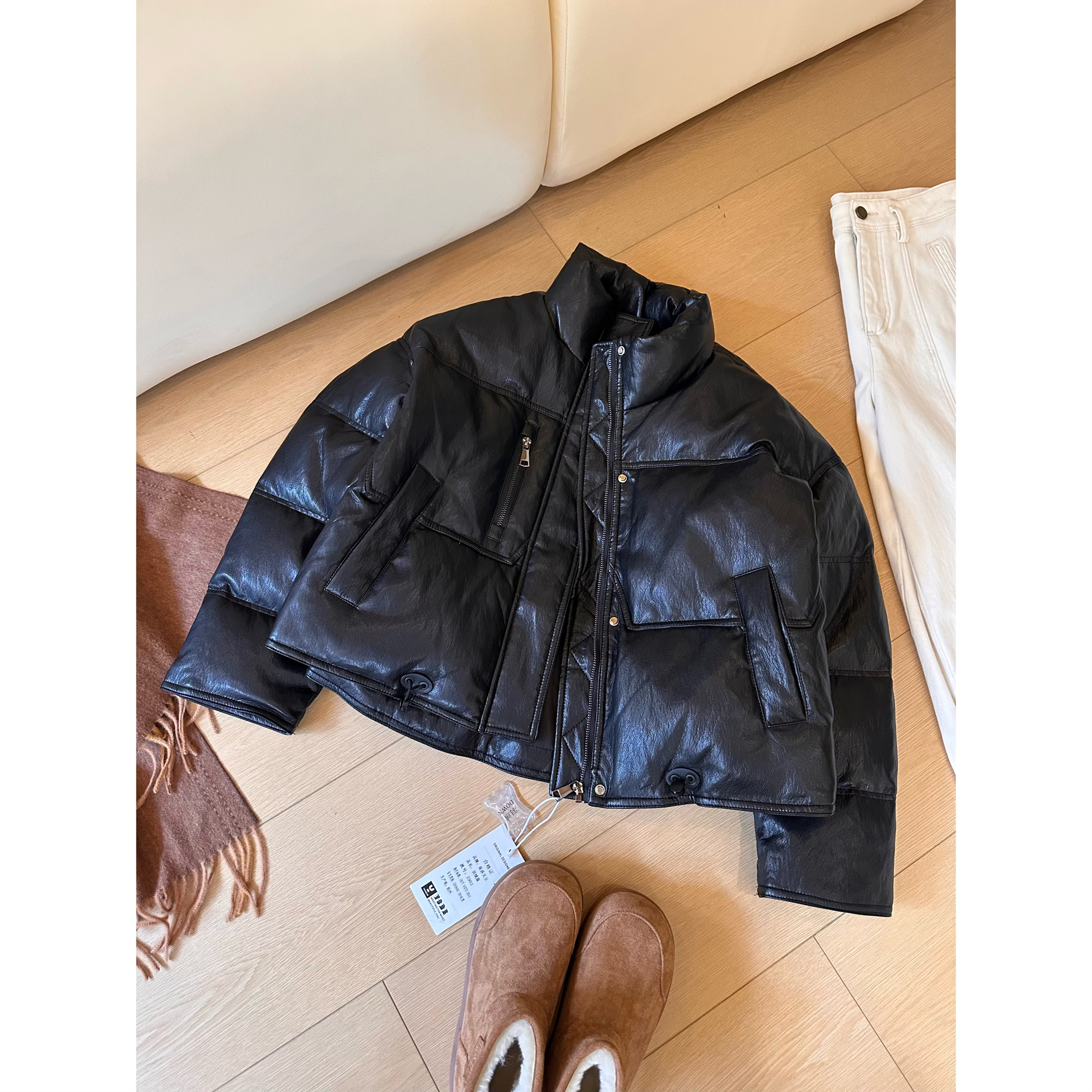 【高品】J67白鸭绒皮衣外套女冬季加厚保暖羽绒服PU皮机车服夹克