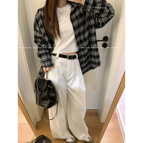 柜199！J36蓝色格子衬衫女复古慵懒风 宽松百搭棉质衬衣长袖上衣