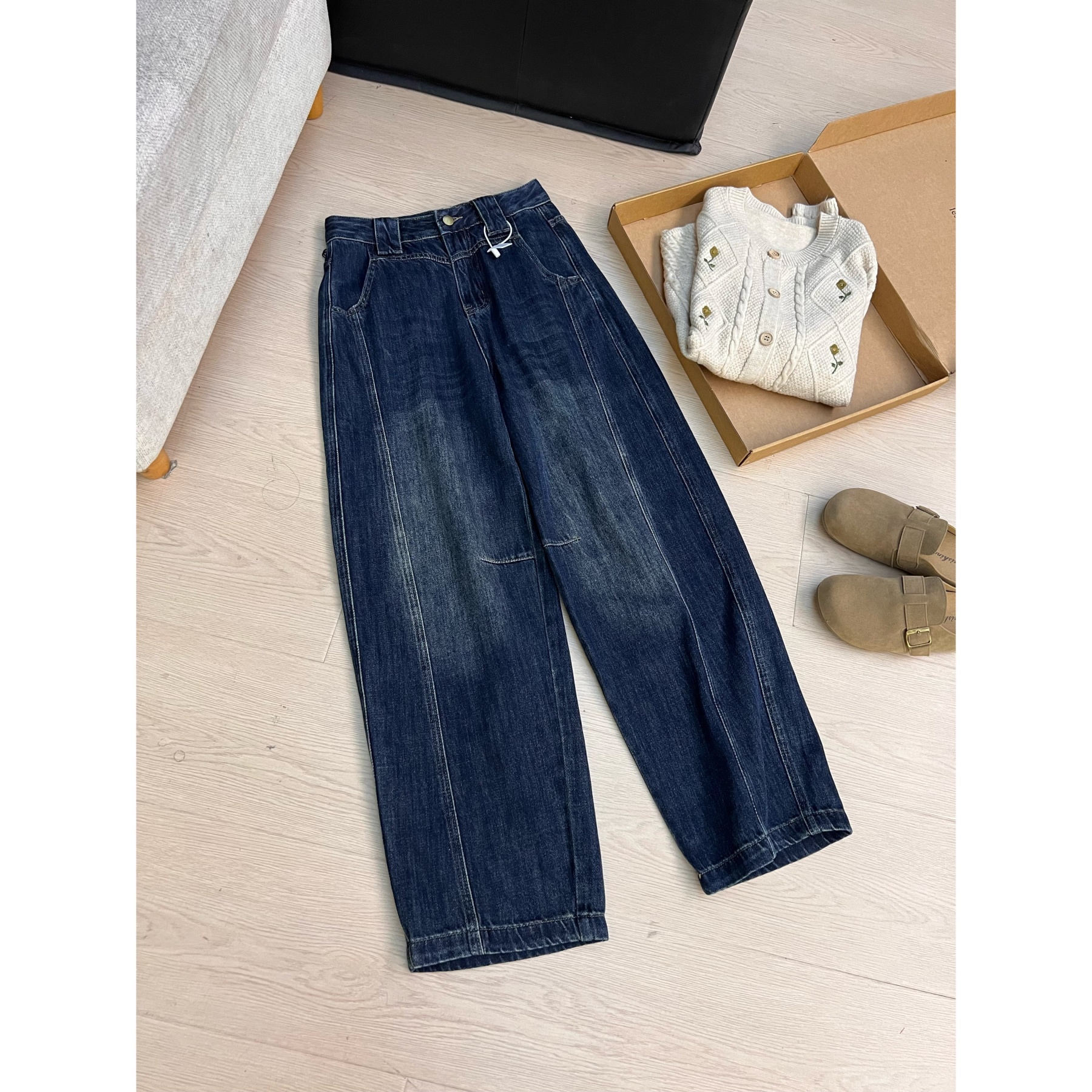 Q92复古蓝弯刀牛仔裤女秋冬新款水洗棉宽松显瘦直筒阔腿裤拖地裤