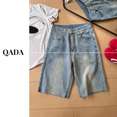 95%棉 J23水洗毛边牛仔中裤女夏季新款高腰直筒百搭阔腿裤五分裤