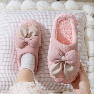 秋冬季 室内家居厚底毛加绒棉鞋 蝴蝶结网红 女士冬天2026新款 棉拖鞋