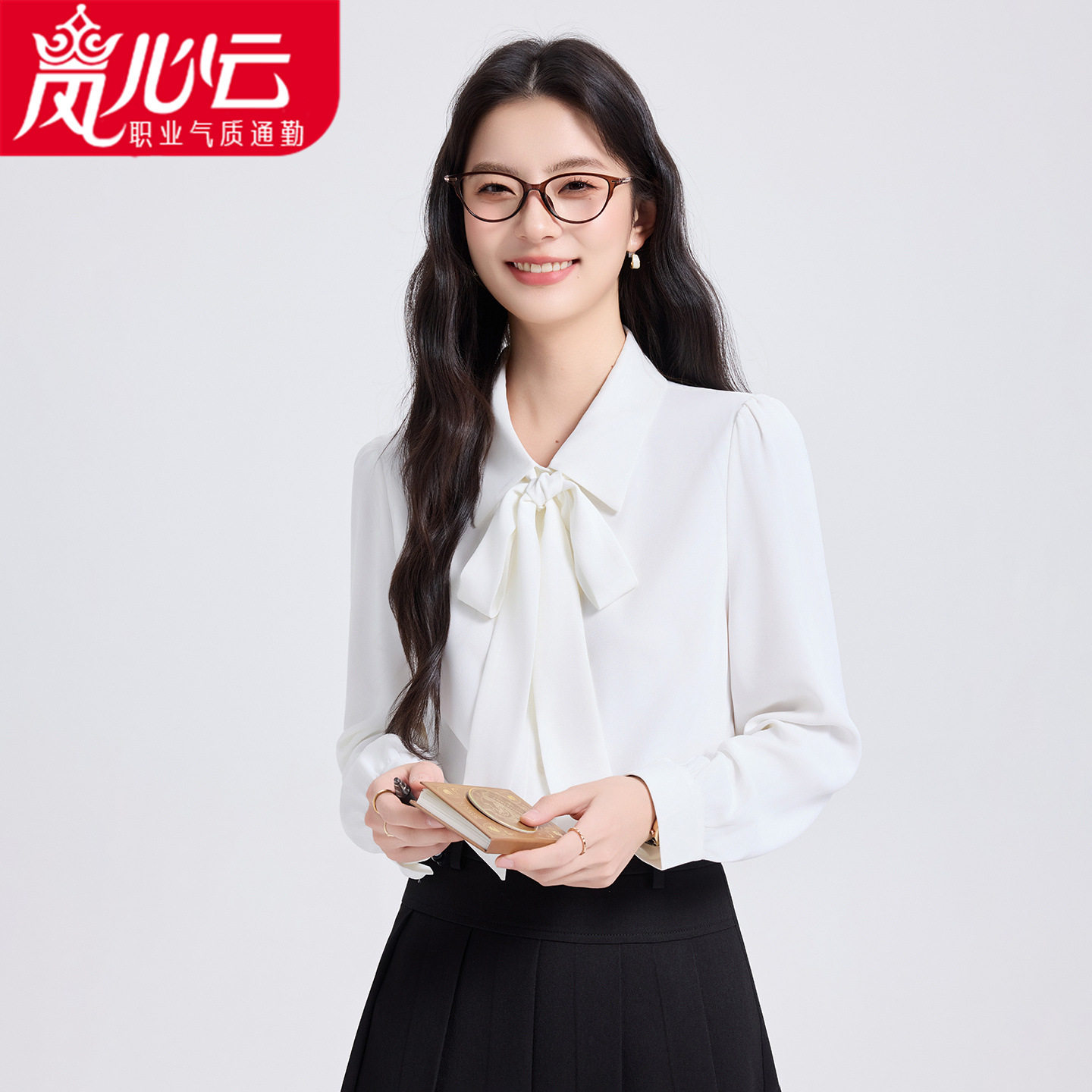 蓝色蝴蝶结衬衫女面试正装职业装衬衣上班通勤公务员商务长袖上衣