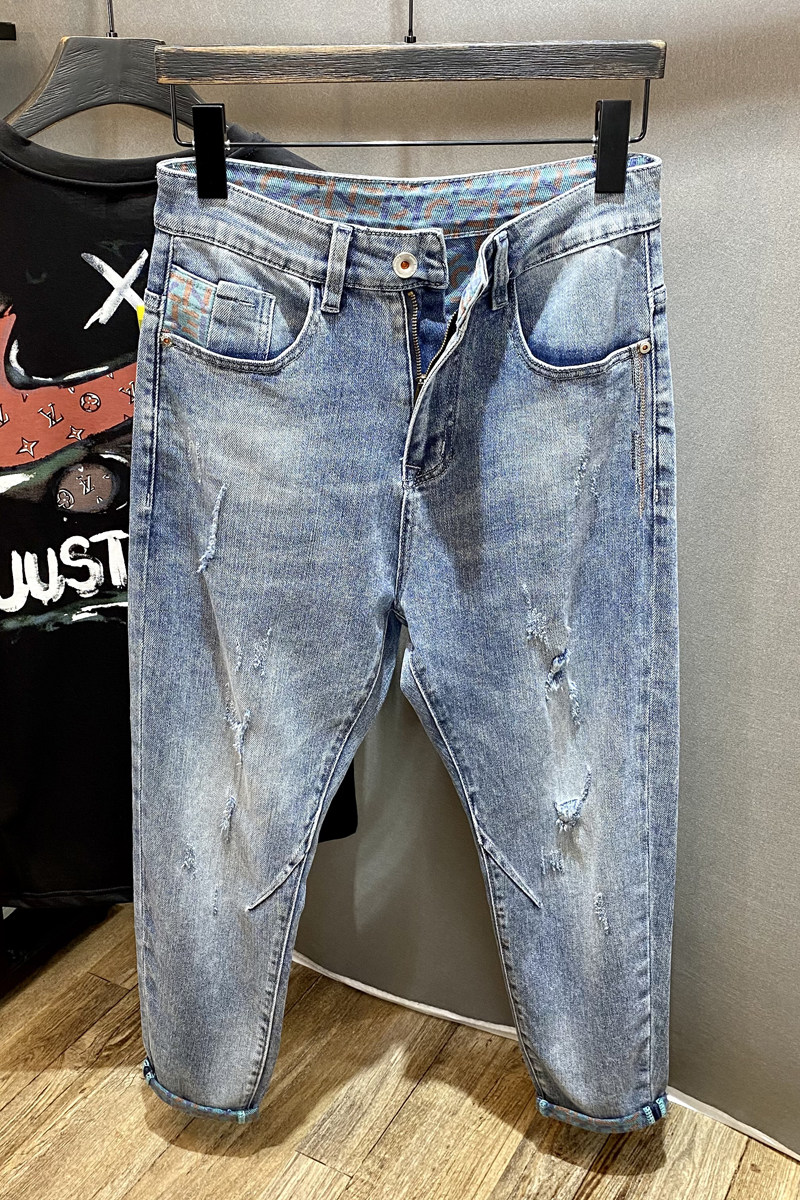 2021夏季新款破洞牛仔裤男弹力修身小脚九分裤潮D336A-8513,男装牛仔裤,电商D336A