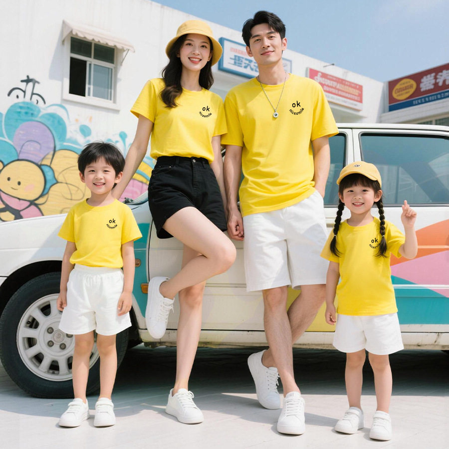 夏季亲子装一家四口OK小标亮黄色纯棉短袖中小学生运动会活动服