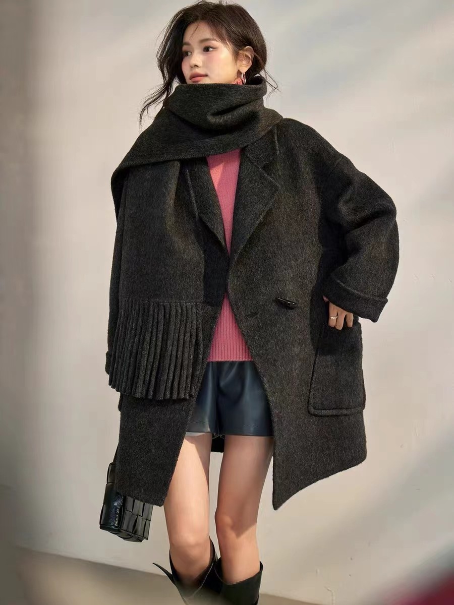 2023新款骆驼绒纯羊毛外套宽松中短款西服加厚双面尼羊绒大衣工厂