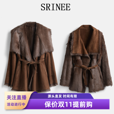 双面穿托斯卡纳进口山羊毛皮毛一体皮草外套女中长款大翻领宽松