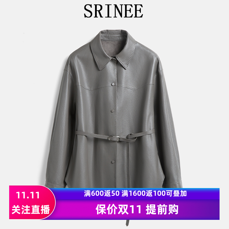 2025春秋进口头层山羊皮女中长款衬衫简约外套腰带休闲真皮皮衣