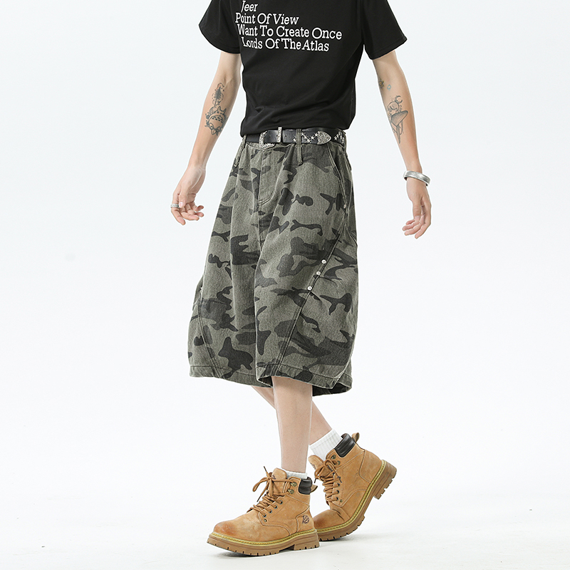 夏季迷彩工装短裤潮牌宽松休闲设计感弯刀6分裤A210A-9011-P48，男装牛仔裤，电商A210A