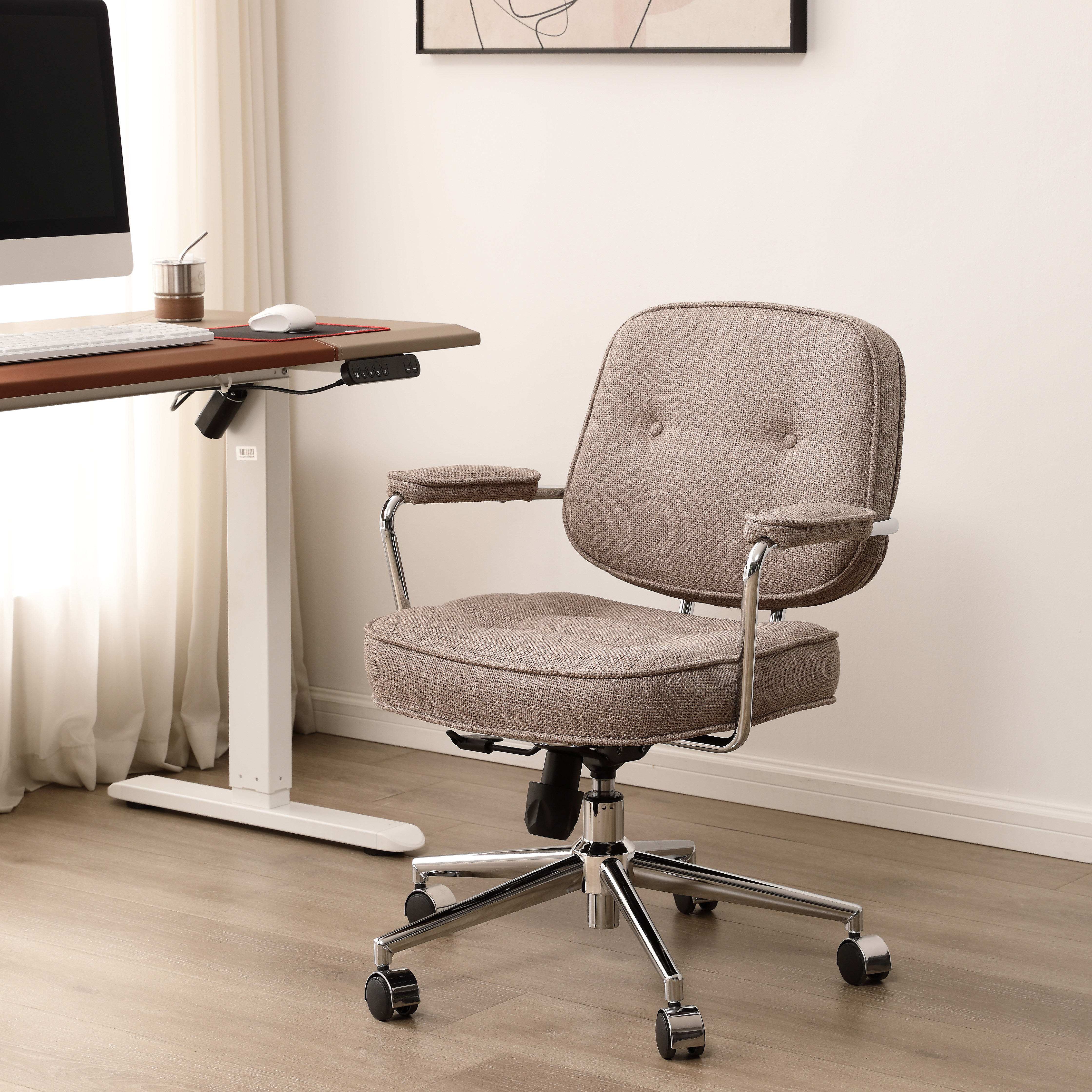 亚麻布艺复古阿勒夫平替真皮电脑座椅学习书桌椅家用办公久坐舒适