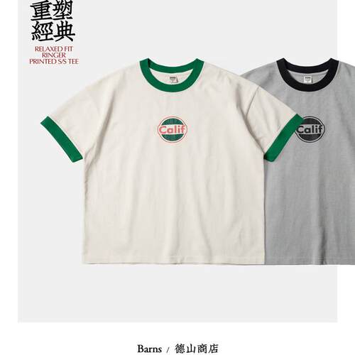 BARNS经典70年代美式复古RingerTee 重磅纯棉裂纹印花T恤男