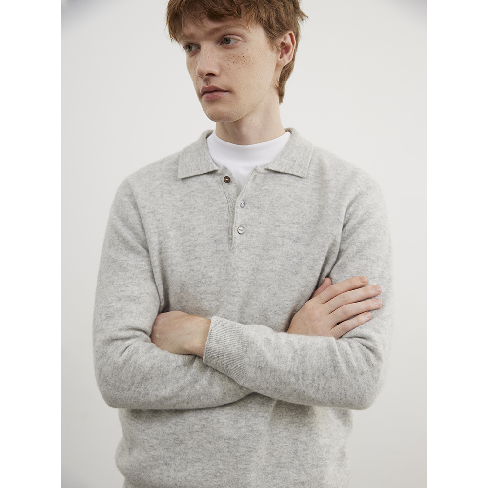 Burcs 简约百搭全羊毛无缝编织polo领针织毛衣男秋冬保暖格雷系