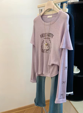 胖妹妹特大码300斤假两件长袖T恤女春夏季新款显瘦遮肚子紫色上衣