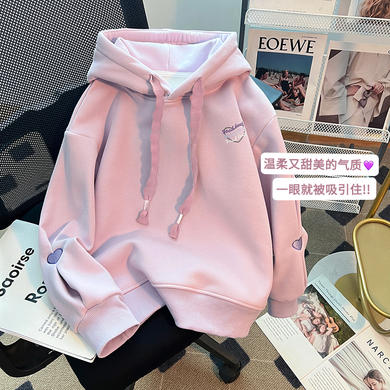 胖妹妹200斤大码重工刺绣加绒连帽卫衣女秋冬季宽松减龄显瘦外套