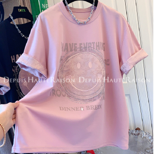 胖mm 上衣女夏宽松显瘦T恤衫 欧洲站240斤大码 别致重工刺绣笑脸短袖