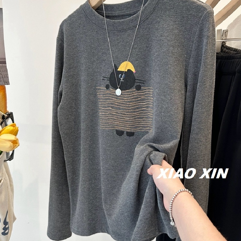 胖妹妹大码300斤磨毛打底衫女秋冬季新款减龄百搭圆领长袖T恤上衣