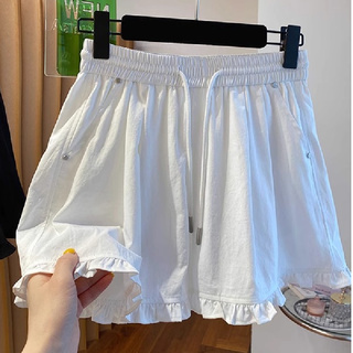 胖妹妹200斤大码法式木耳边抽绳高腰阔腿短裤女夏季宽松休闲热裤