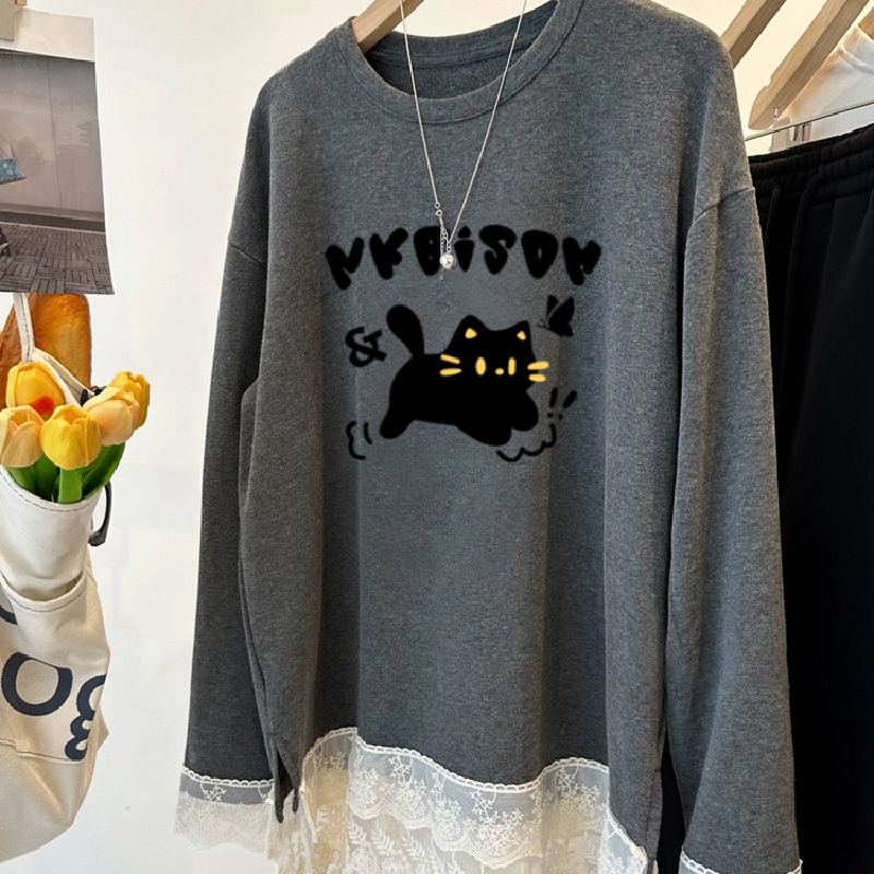 胖MM大码240斤德绒加厚小猫减龄蕾丝花边长袖T恤女秋冬季宽松上衣