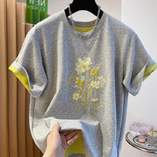 宽松撞色半袖 女夏季 上衣 别致重工花朵刺绣t恤短袖 胖妹妹200斤大码