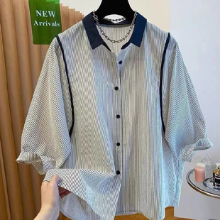 衬衫 条纹短袖 女上衣夏款 宽松大版 T恤上衣 胖MM大码 五分袖 240斤法式