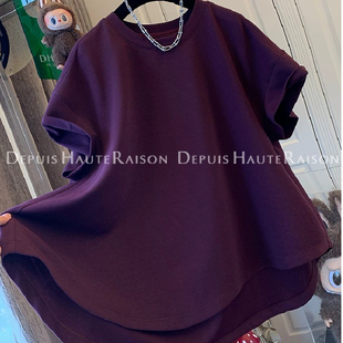 宽松遮肚子T恤衫 上衣女夏季 高级感不规则下摆短袖 胖妹妹200斤大码