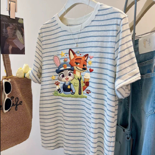 轻薄宽松显瘦T恤 上衣女夏季 胖妹妹200斤大码 卡通狐狸兔子条纹短袖