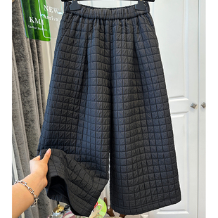 胖MM大码240斤格子肌理感夹棉休闲阔腿裤女秋冬季显瘦直筒八分裤