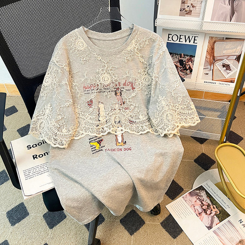 胖妹妹大码独特洋气设计感拼接蕾丝短袖T恤女装夏季宽松显瘦上衣