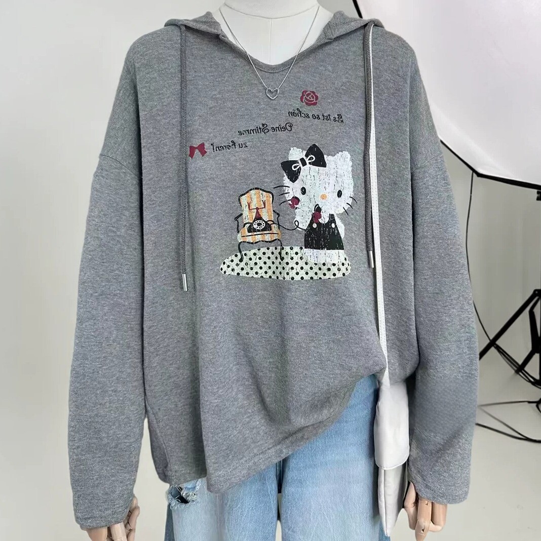 胖妹妹200斤大码超好看卡通猫咪V领连帽长袖上衣女秋季宽松打底衫