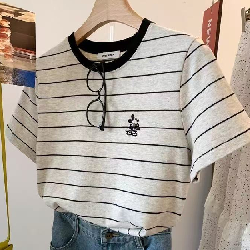 胖mm240斤大码韩系卡通刺绣条纹减龄短袖T恤女夏宽松显瘦半袖上衣