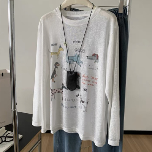 春季 女装 宽松T恤上衣 童趣卡通减龄轻薄雪花棉长袖 胖妹妹200斤大码